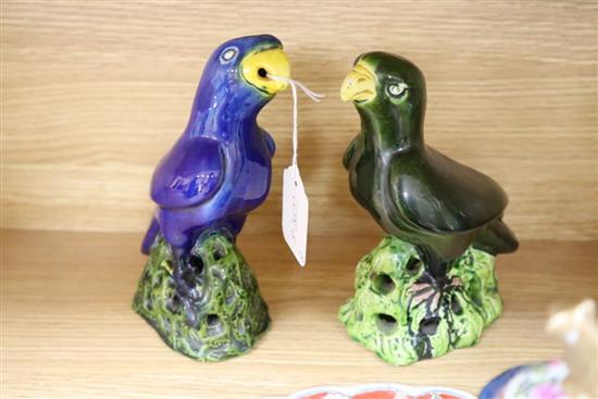 A pair of Chinese parrots, a pair of Samson vases, an Imari dish and three bowls